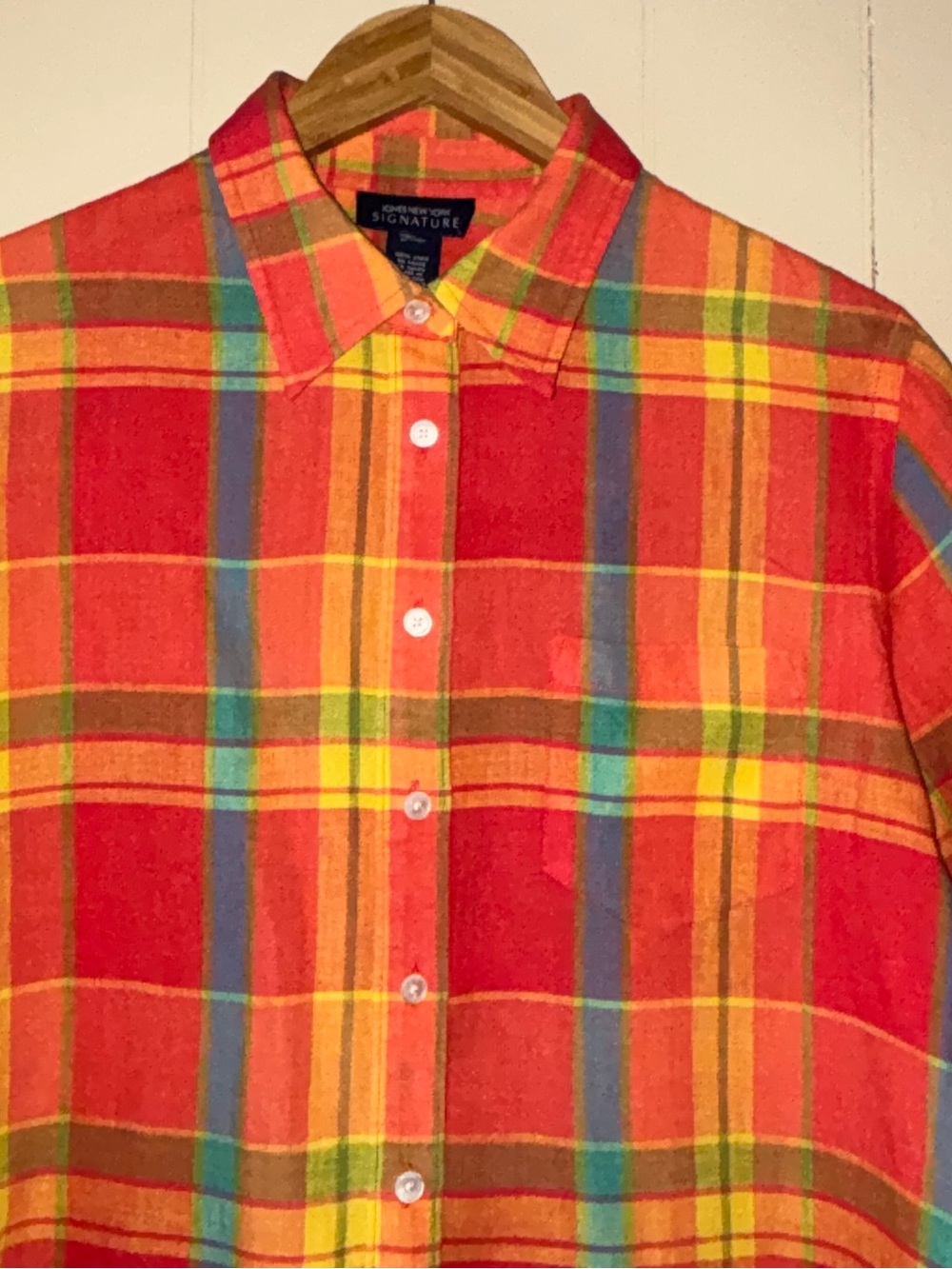 Jones New York Red, Orange and Yellow Plaid Button-Front Shirt Size M